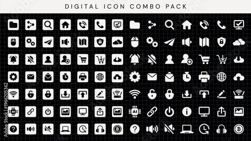 Vector digital icon combo pack featuring various symbols like email, cloud, and settings on a grid background.