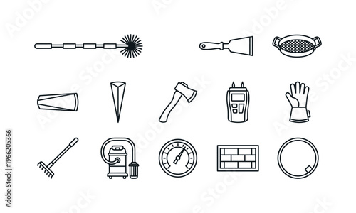 Collection of tools and equipment for chimney sweeping and hearth maintenance