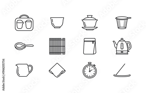 Collection of line art icons representing various tea ceremony utensils and accessories