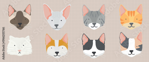 Illustration of eight cat faces, featuring various breeds and colors. Cat faces include tabby, calico, and more. Cute cat faces with diverse expressions. Cute pets, vector illustration set.