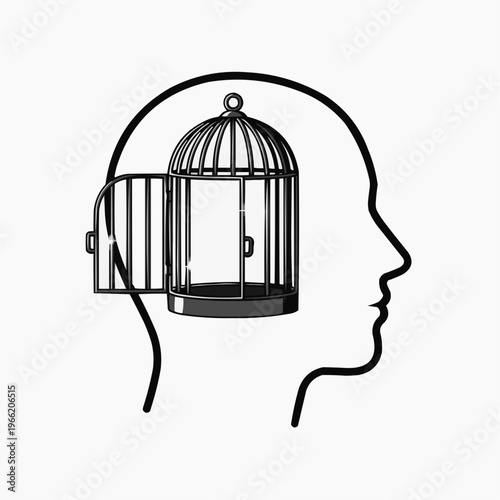 Open birdcage inside human head silhouette, symbolizing freedom of thought and ideas