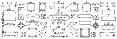 Collection of decorative flourishes and frames. Flourishes include ornate borders, elegant swirls, and vintage designs. Frames and flourishes for design projects. Ornamental vector set.