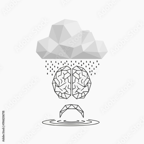 Abstract geometric brain receiving rain from a cloud, symbolizing mental overload.
