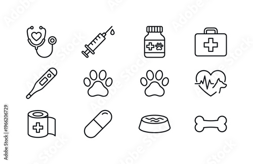 Veterinary service essentials icons for animal care and health