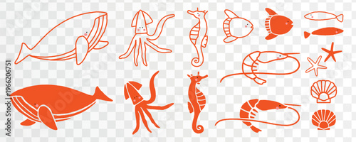 Illustration of various sea creatures in orange, including a whale, squid, seahorse, and fish, all in a simple, stylized design on a transparent background. Animal illustrations, isolated vector set.