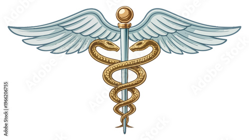 A medical symbol featuring a staff with two snakes and wings on a white background