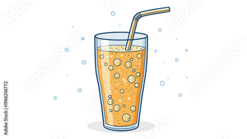 A refreshing glass of orange soda with a straw on a clean white background