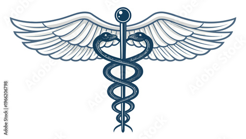 A medical caduceus symbol with wings and snakes on a white background