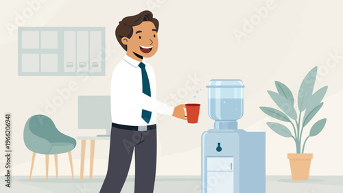 A smiling businessman taking a break at the office water cooler with a cup of water