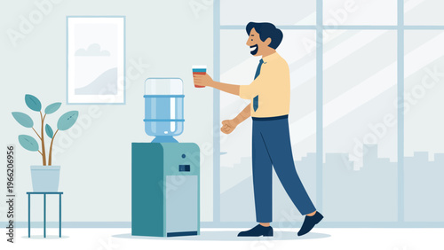 A man in a modern office drinks water from a cooler beside a plant