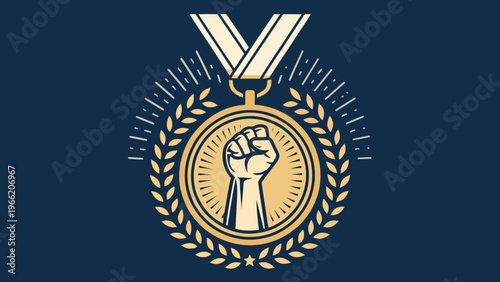 A gold medal with a raised fist and laurel wreath on a dark blue background symbolizing victory and achievement