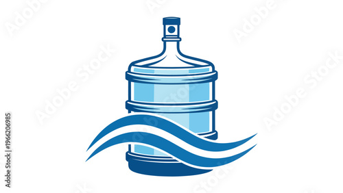A blue water cooler with a wavy design element on a white background