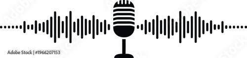 A black microphone icon with sound waves on a white background