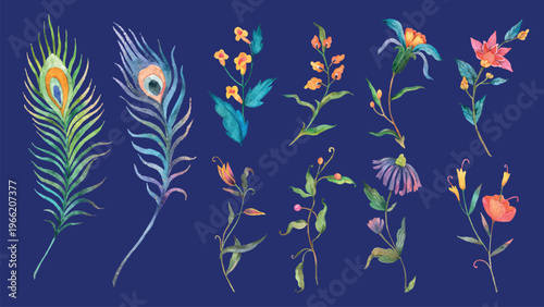 Colorful watercolor illustrations of peacock feathers and flowers on a dark blue background. Vibrant floral and feather designs in a decorative style. Easter illustrations, isolated vector set.