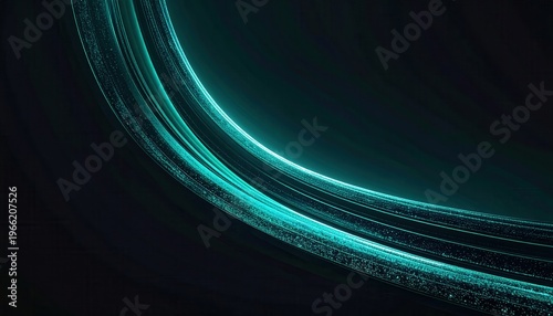 Linea luminosa turchese brillante curva su sfondo scuro, astratto effetto neon digitale