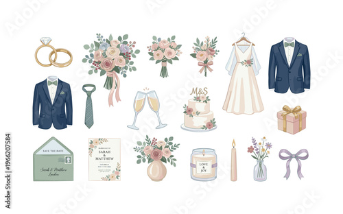 Elegant wedding elements collection with rings, attire, cake, and flowers