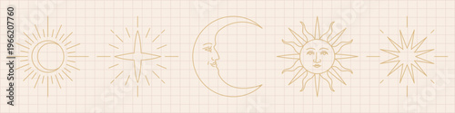 Line art of celestial symbols: crescent moon, stars, and sun. Minimalist celestial design with moon, stars, and sun on a grid background. Doodle element vector set.