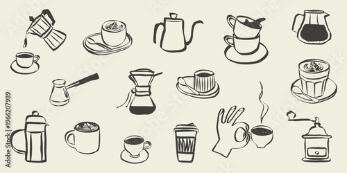 Coffee and tea doodle icons for cafe menu design. Italian breakfast sketch with espresso cup and hot drinks in retro line art style. Crayon vector illustration