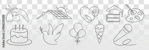 Line art icons: beach, solar panel, heart, graduation cap, paint palette, cake, dove, balloons, ice cream, microphone. Simple, minimalistic design. Line art vector set.