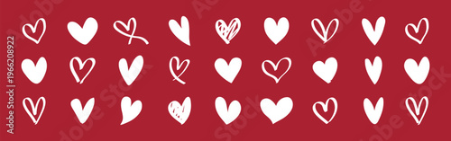 A pattern of white hearts on a red background. Various heart shapes create a heart-themed design. The hearts add a romantic touch to the heart pattern. Valentine's element vector set.