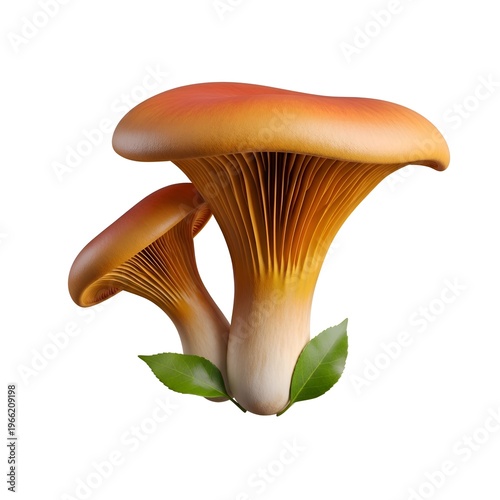 Chanterelle Mushroom Isolated on White Background with Green Leaves as a Detailed 3d Render for Culinary or Botanical Display Concepts