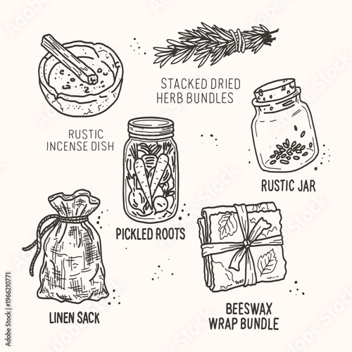 Hand Drawn Herbal Set, Dried Herbs, Apothecary Jars and Natural Remedies