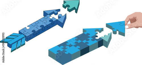 A hand placing puzzle pieces to form two blue arrows