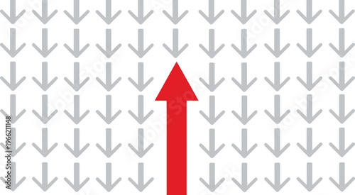 A red arrow pointing upwards surrounded by multiple grey arrows pointing downwards