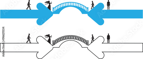 Vector illustration of people crossing puzzle piece bridges to connect