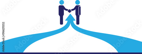 Two businessmen shaking hands with blue arrow pointing upwards in a partnership