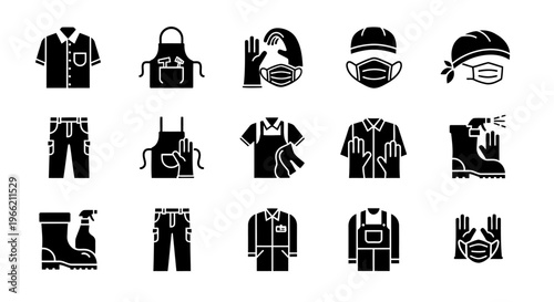 Creative set of 15 different black icons representing cleaning staff outfits and accessories, including uniforms, masks, gloves, cleaning kits, and footwear.