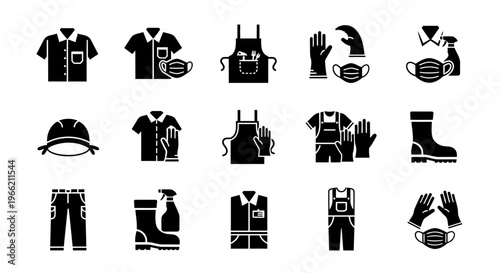 Cleaning Service Worker Outfit Icons Set Black Silhouette Collection Isolated on White Background