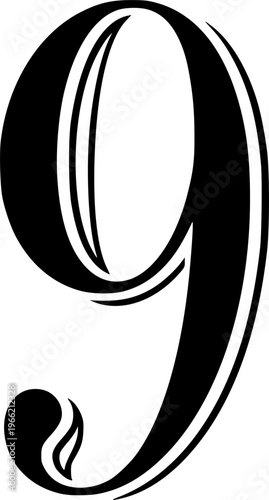 black and white number 9 written in an elegant way .