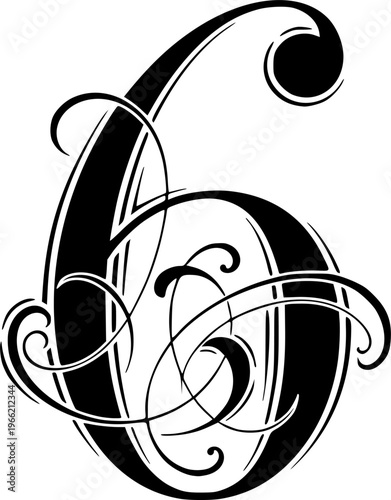  black and white number 6 written in an elegant way .