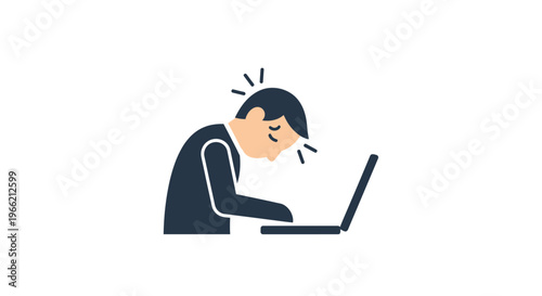 Frustrated man working on laptop computer.