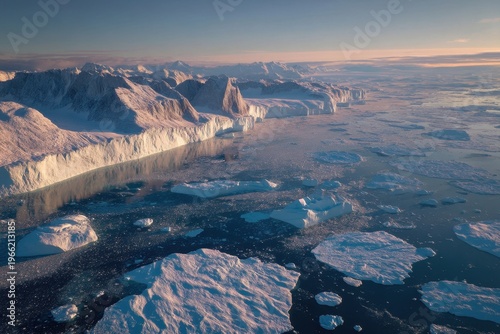 Vista aerea maestosa di iceberg galleggianti e ghiacciai artici al tramonto boreale, paesaggio polare selvaggio.