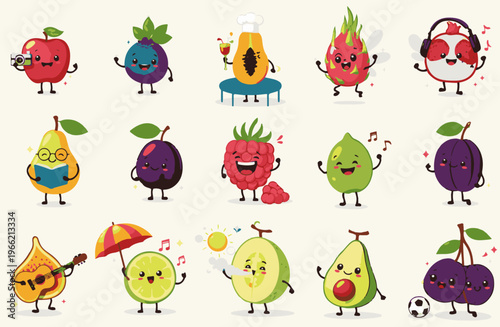 Kawaii fruit characters collection, 15 cute fruit mascots with funny faces, adorable cartoon fruit stickers for kids education, vibrant summer fruit vector illustrations set