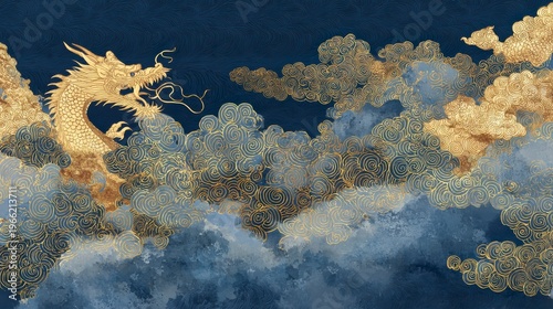 紺碧に映える金箔調の龍と雲、唐代宮廷画風の優雅な和風背景素材