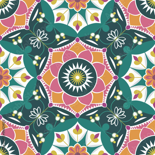 vector illustration hires Collection of High-Resolution Abstract Seamless ornament Patterns with Diverse Designs and Textures Mediterranean Tile Pattern with Colorful Floral Mandalas and Geometric 