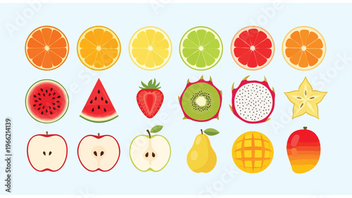 Vibrant Vector Fruit Collection: Assorted Slices and Whole Fruits Including Citrus, Watermelon, Kiwi, Apple, Mango, and Dragon Fruit