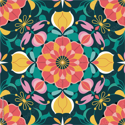 vector illustration hires Collection of High-Resolution Abstract Seamless ornament Patterns with Diverse Designs and Textures Mediterranean Tile Pattern with Colorful Floral Mandalas and Geometric 