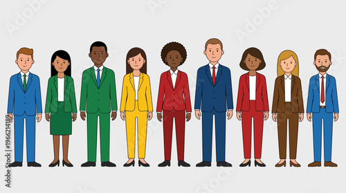 Diverse group of professional business people standing in a row, wearing colorful suits, representing teamwork and corporate diversity.
