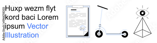 Business agreements, eco-mobility, surveillance, technology, transportation, mystery. Visual elements include a signed document, electric scooter and an eye-pyramid symbol. Business agreements