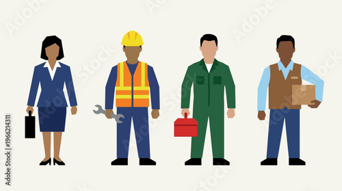 Diverse group of workers representing various professions and industries, including business, construction, mechanics, and delivery services.