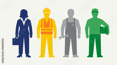 Four stylized figures representing diverse professions including business, construction, trades, and logistics.