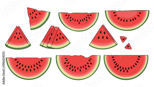 Vibrant Watermelon Slices and Wedges Set on White Background - Fresh Summer Fruit Illustration for Healthy Eating and Refreshment