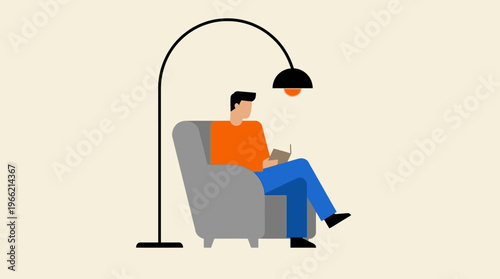 A minimalist illustration of a man comfortably reading a book in a grey armchair under a black floor lamp with an orange glow.