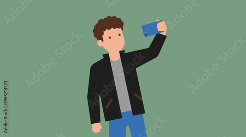 A cartoon illustration of a young man taking a selfie with his blue smartphone against a plain green background.
