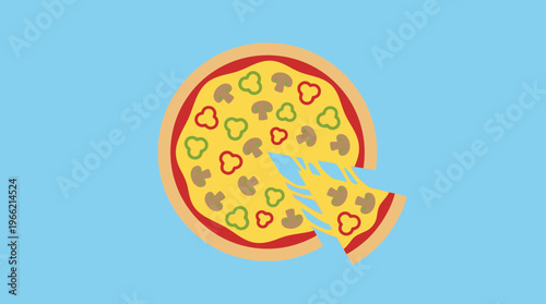 Cartoon illustration of a whole pizza with mushrooms and peppers, with a cheesy slice being pulled away on a light blue background.