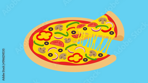 Vibrant cartoon illustration of a whole pizza with a slice being pulled away, showcasing gooey, stretchy cheese and various colorful toppings on a blue background.